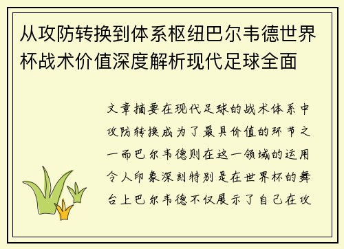 从攻防转换到体系枢纽巴尔韦德世界杯战术价值深度解析现代足球全面